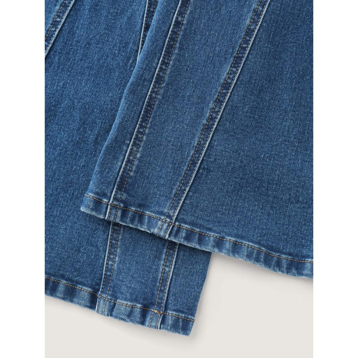 Plus Size Stretchy Seamed Mid-Rise Flared Jeans Women Midblue Timeless Topstitching High stretch Slanted pocket Jeans BloomChic 16/1X Product Image