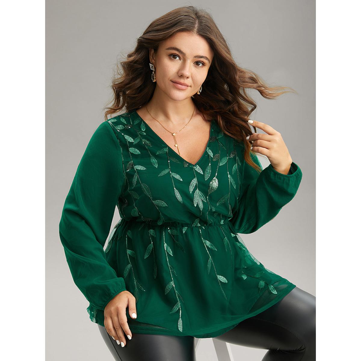 Plus Size Green Leaves Embroidered Sequin Tiered Mesh Blouse Women Glamour Long Sleeve V-neck Party Blouses BloomChic 28/5X Product Image