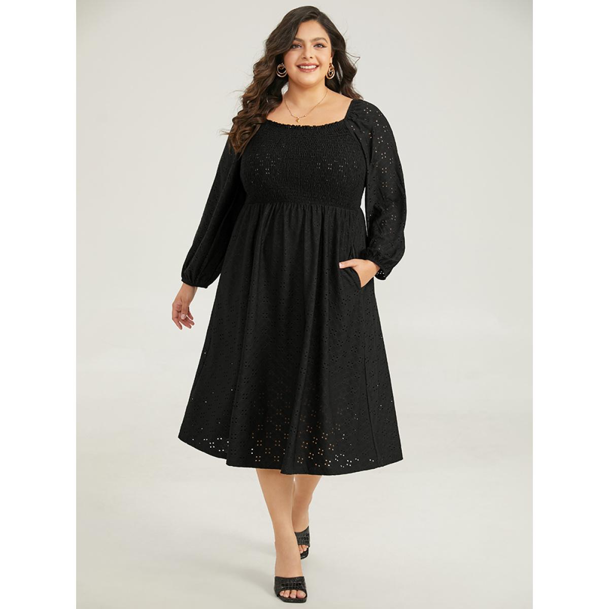 Plus Size Plain Square Neck Laser Cut Lantern Sleeve Dress Black Women Elegant Elastic cuffs Square Neck Long Sleeve Curvy Midi Dress BloomChic 12/L Product Image