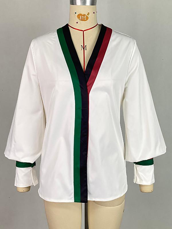 Long Sleeves Loose Contrast Color Pleated V-Neck Blouses&Shirts Tops Product Image