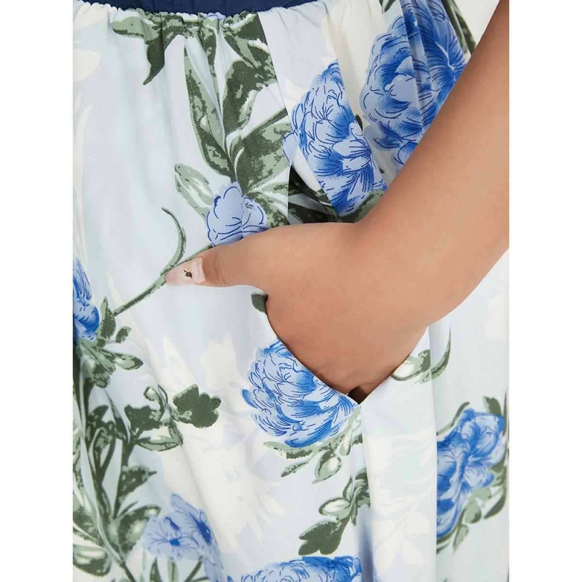 Plus Size Floral Patchwork Cold Shoulder Pocket Asymmetrical Hem Dress Indigo Women Elegant Adjustable Straps Cold Shoulder Short sleeve Curvy Midi Dress BloomChic 10/M Product Image