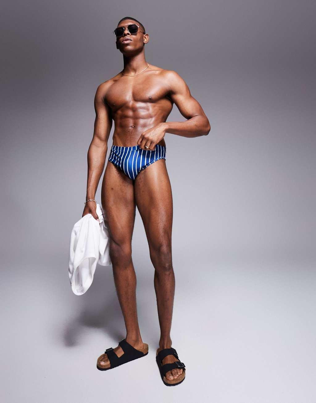 ASOS DESIGN swim briefs in navy and white stripe  Product Image