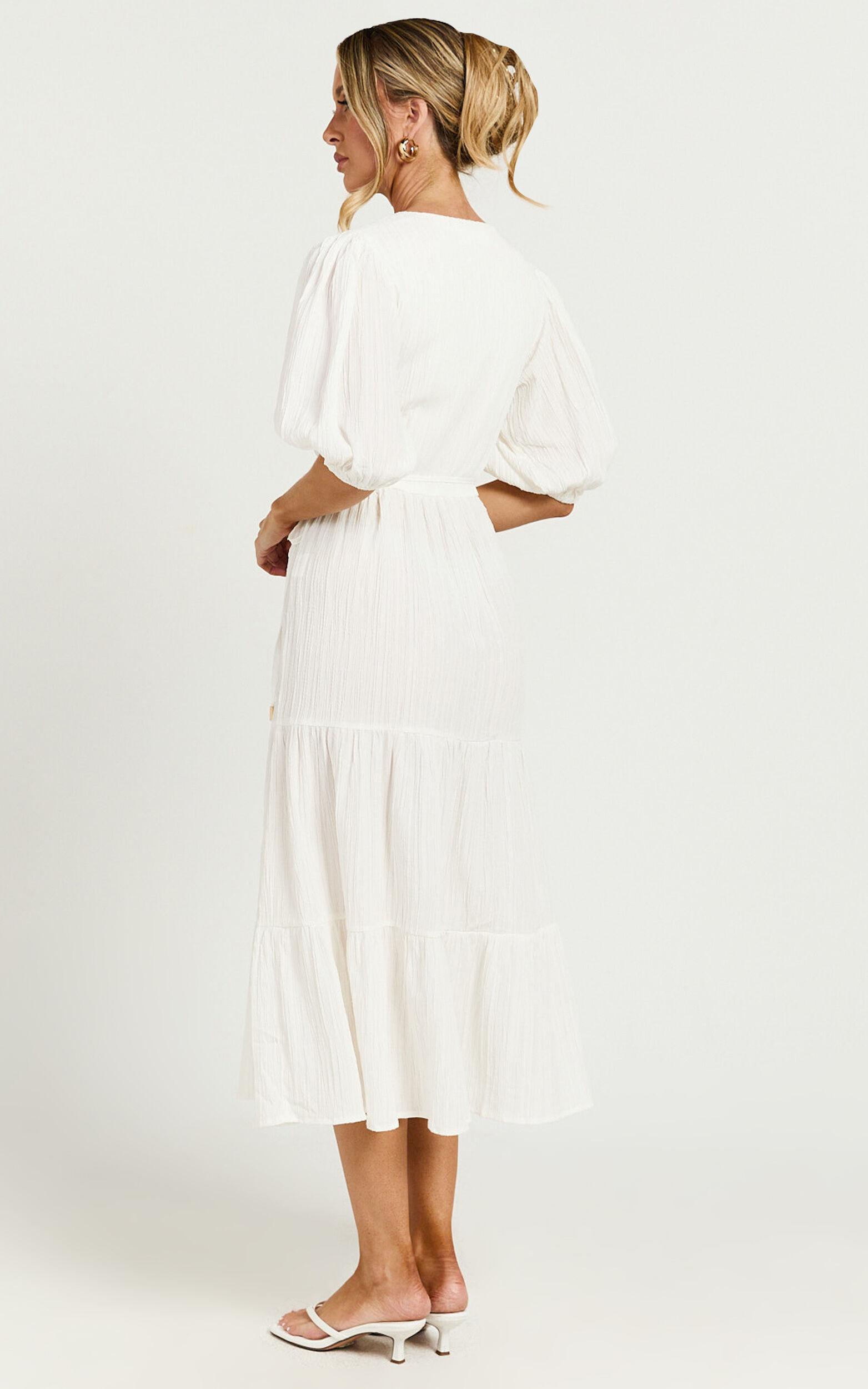 Junmae Midi Dress - Tiered Waffle Wrap Dress in Ivory Product Image