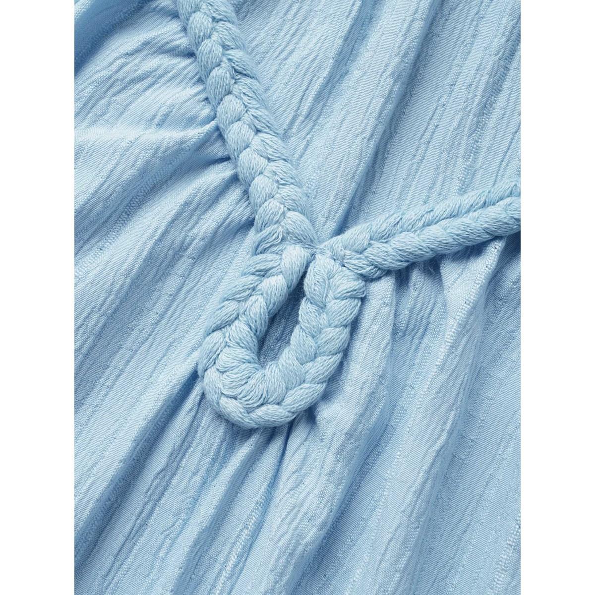 Plus Size LightBlue Plain Textured Woven Ribbon Keyhole Blouse Women Casual Short sleeve V-neck Everyday Blouses BloomChic 10/M Product Image