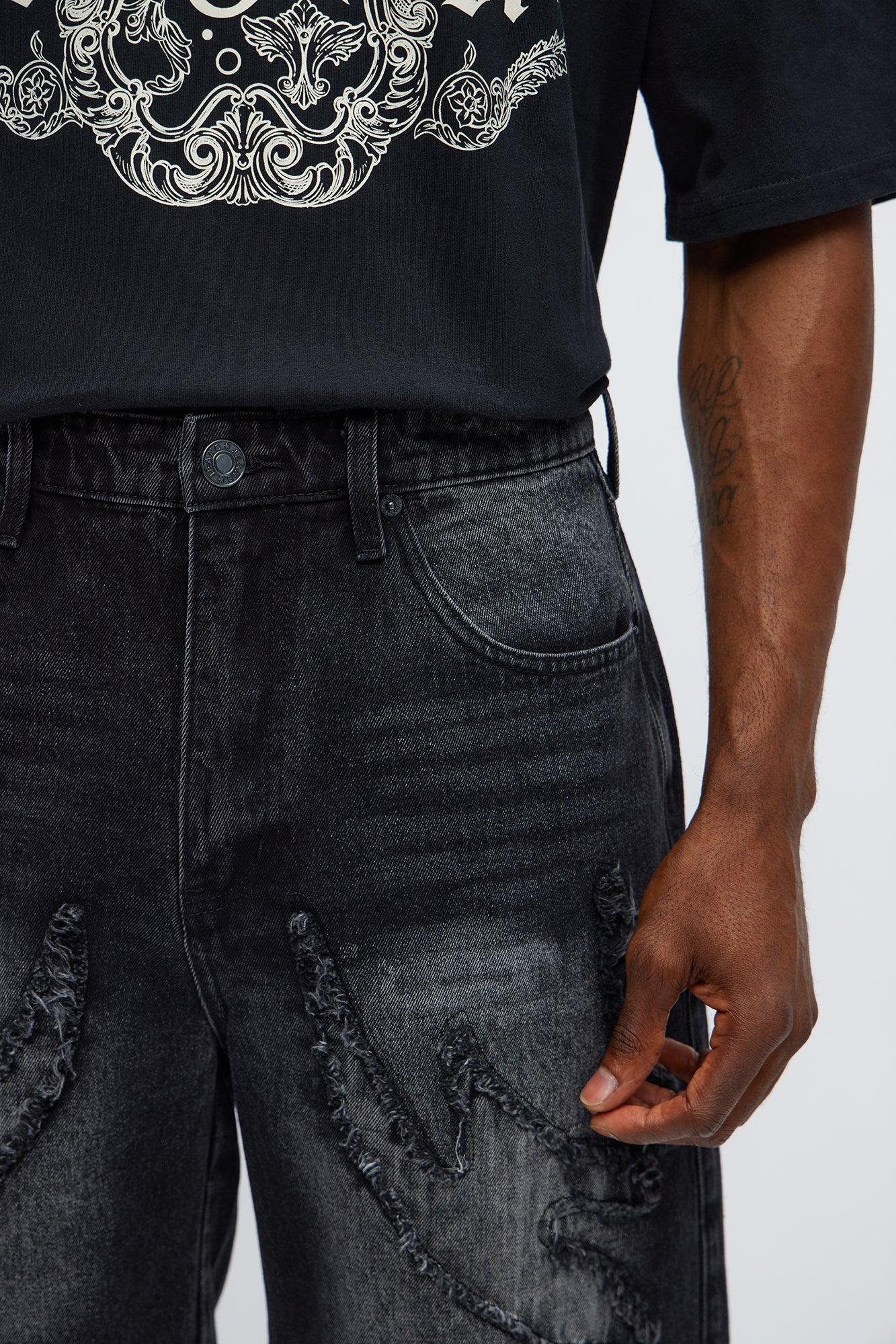 Relaxed Rugged Fray Denim Shorts - Black Wash Product Image