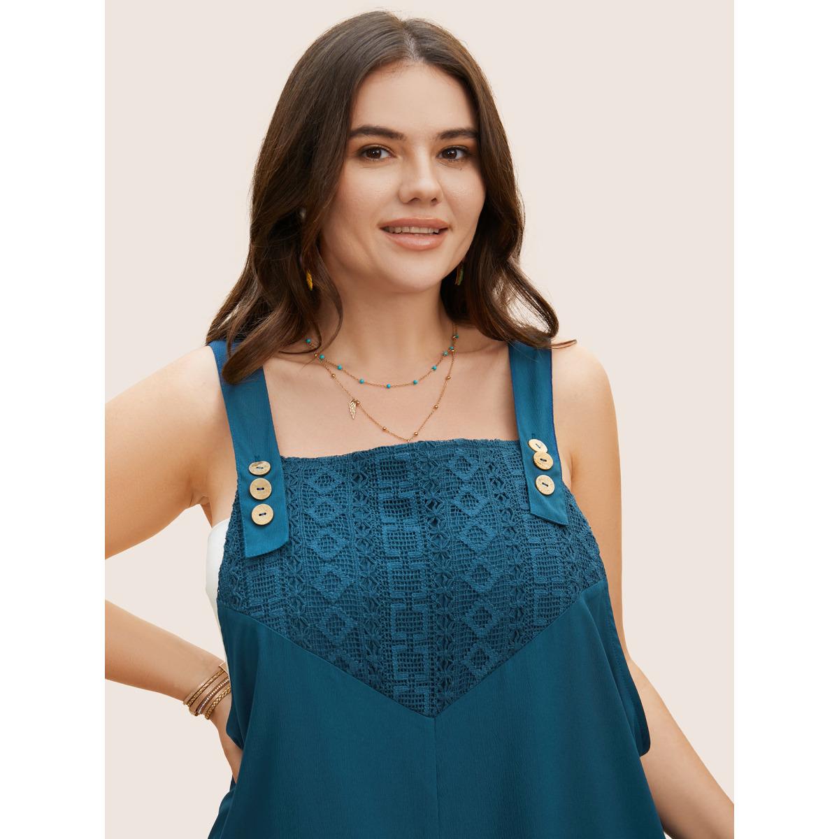 Plus Size Aegean Pointelle Knit Patchwork Button Detail Loose Jumpsuit Women Casual Sleeveless Square Neck Everyday Loose Jumpsuits BloomChic 30/6X Product Image