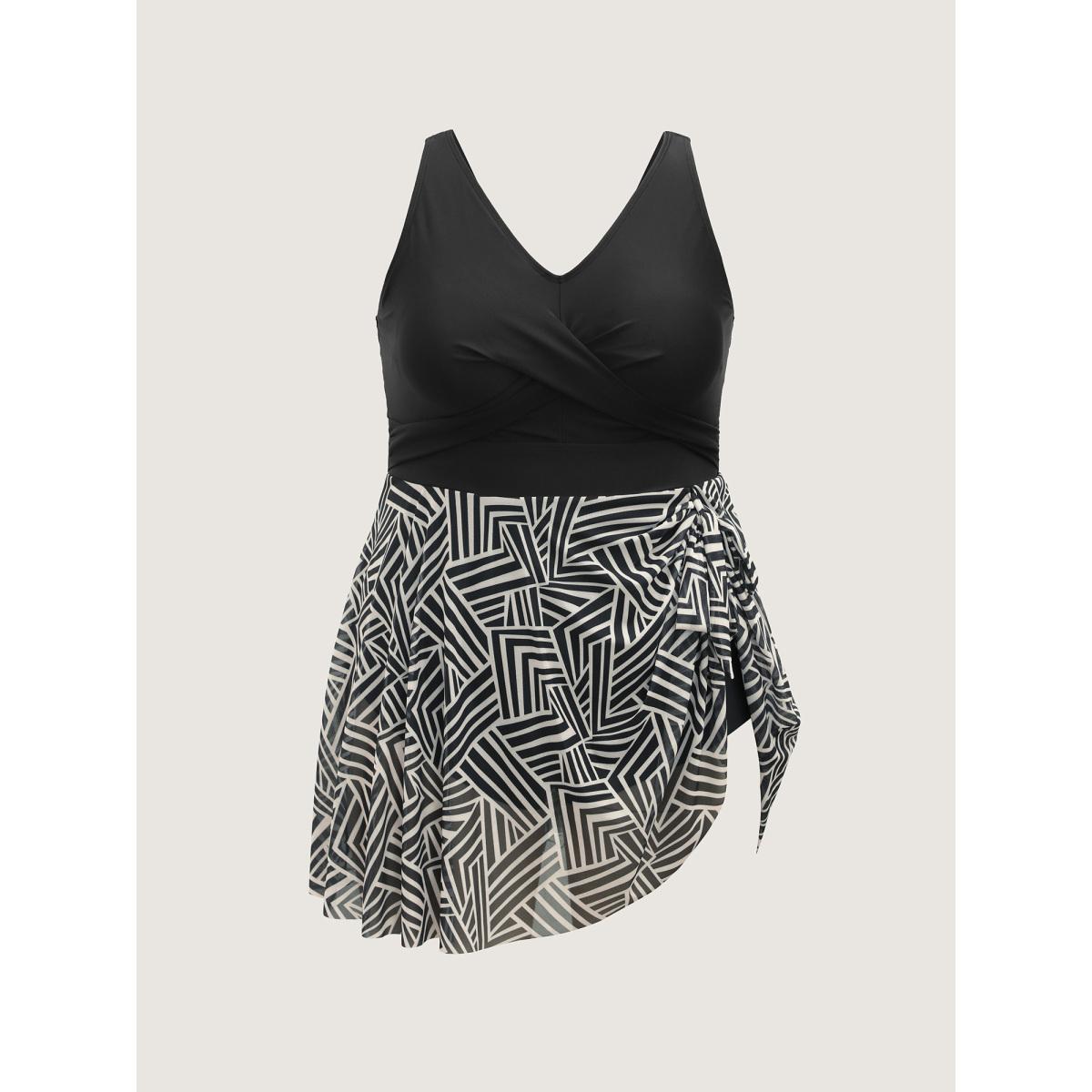Plus Size Geometric Print Knotted Swim Dress Women's Swimwear Black Beach Bodycon V-neck High stretch Curve Swim Dresses BloomChic 18-20/2X Product Image