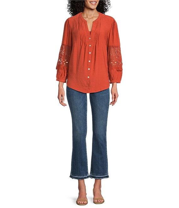 Figueroa & Flower Solid Woven Split V-Neck 3/4 Applique Sleeve Peasant Blouse Product Image