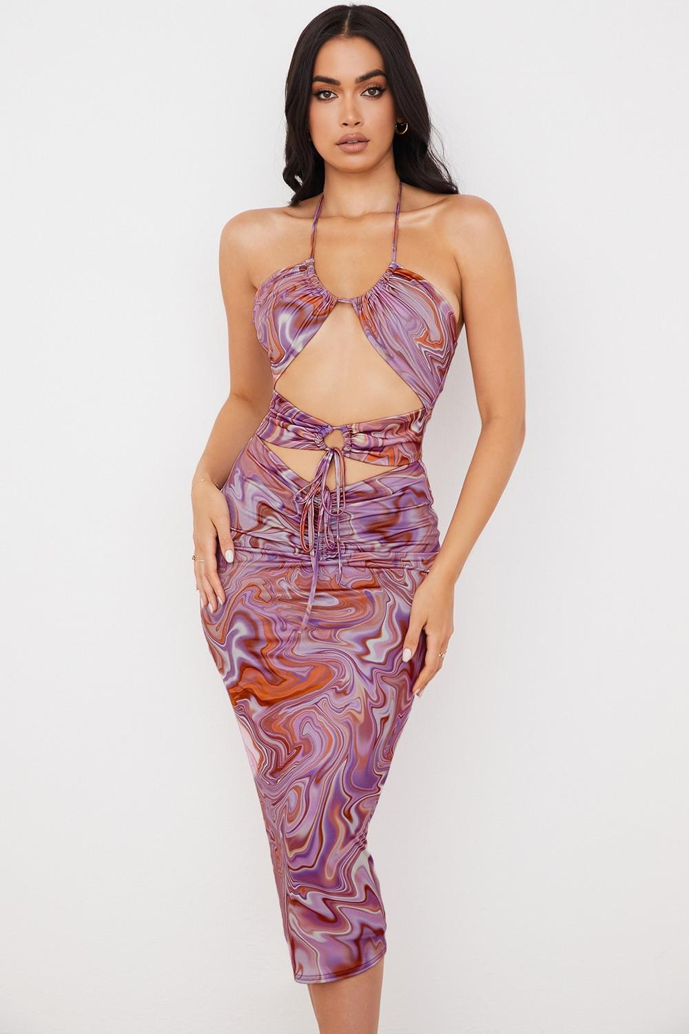 Kasia  purple swirl cutout midi dress Product Image