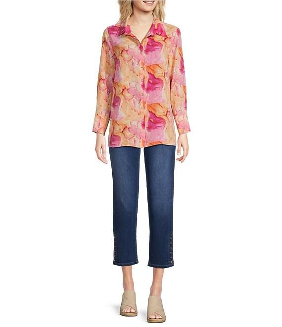 Calessa Desert Floral Print Point Collar Long Sleeve Button Front Shirt Product Image