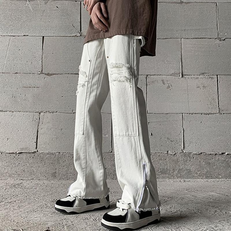 Sopula Trendy Retro Street Ripped Zipper Patchwork Slim Fit Bootcut Jeans Product Image