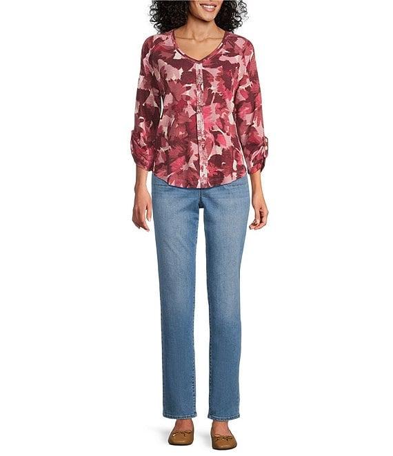 Westbound Petite Size Knit Fest Fuchsia Abstract Foliage 3/4 Bell Sleeve V-Neck Top Product Image