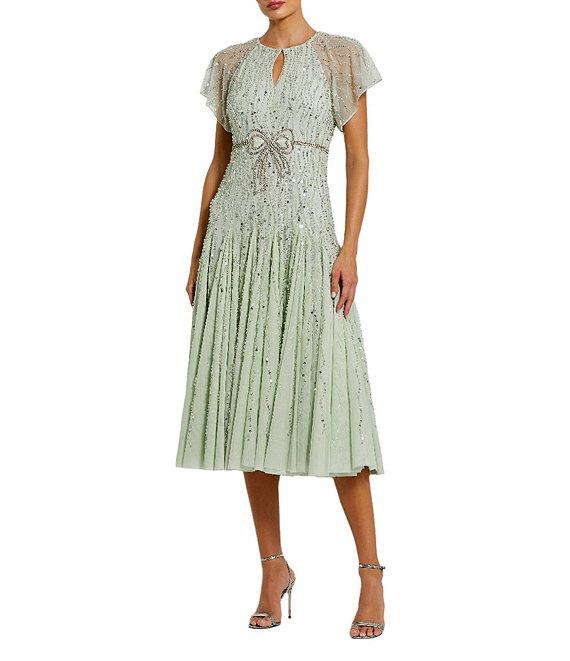 Mac Duggal Keyhole Neck Flutter Sleeve Bow Front Beaded Mesh Drop Waist Midi Dress Product Image