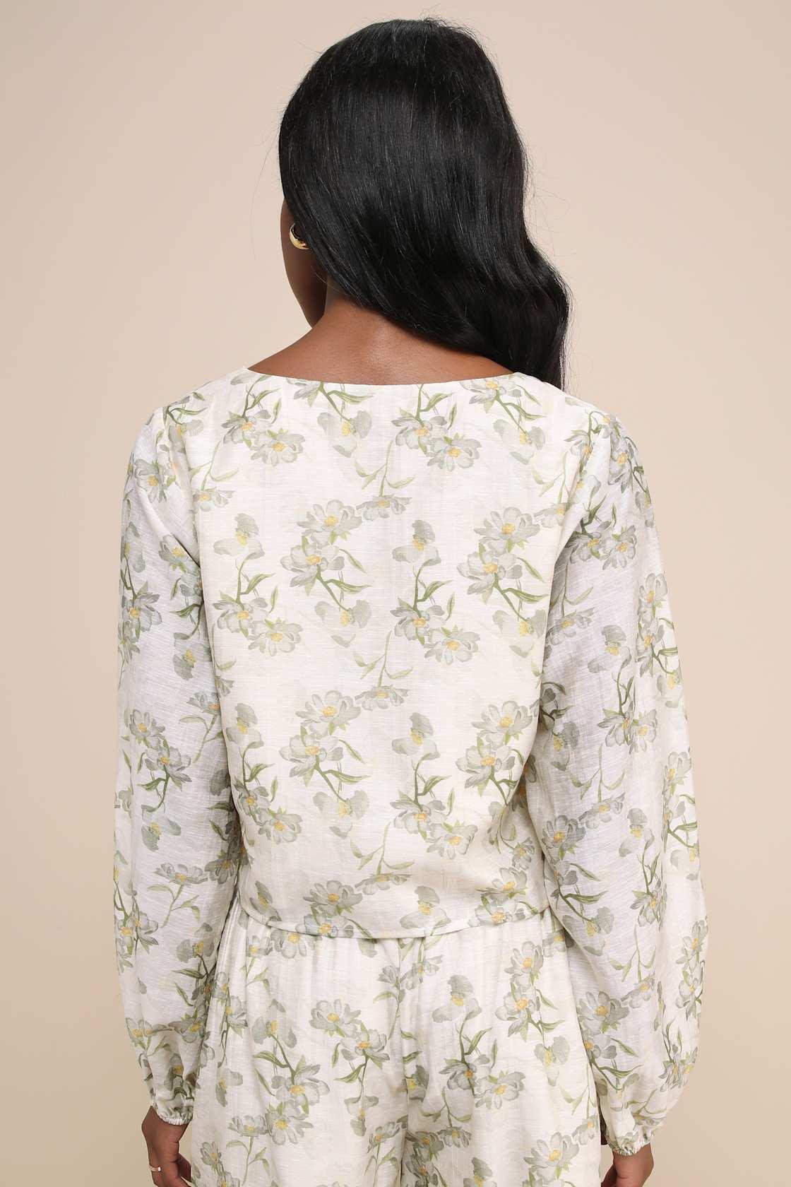 Playfully Sweet Beige and Sage Green Floral Tie-Front Top Product Image