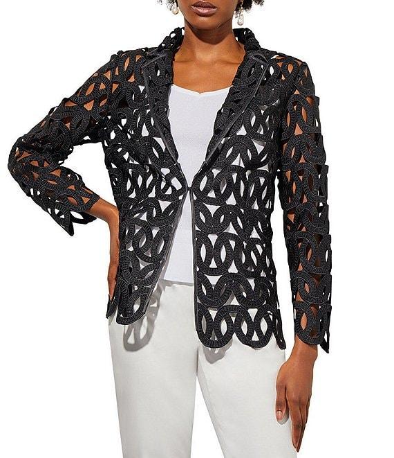 Ming Wang Novelty Woven Geo Circle Cutout Lapel Collar Long Sleeve Jacket Product Image