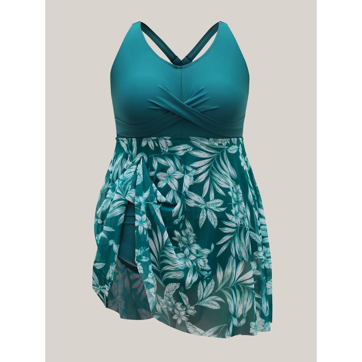 Plus Size Twist Front Mesh Tropical Print Swim Dress Women's Swimwear Cyan Beach Bodycon V-neck High stretch Curve Swim Dresses BloomChic 10/M Product Image