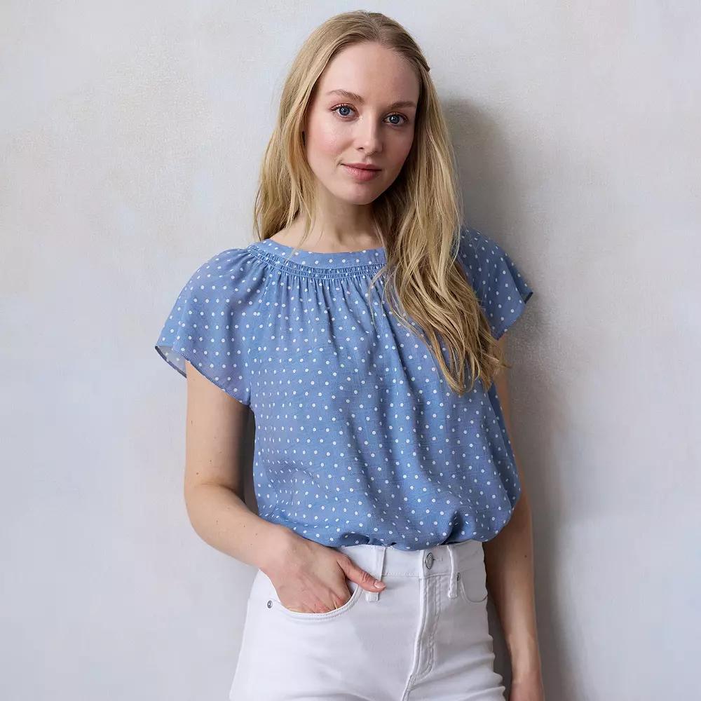 Petite LC Lauren Conrad Tie-Front Shirred Neck Shell Top, Women's, Size: Large Petite, Blue Giddy Dot Product Image