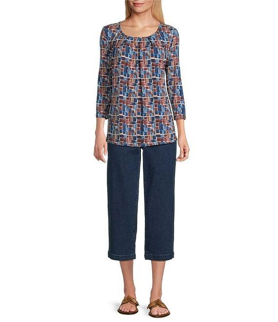 Intro Knit Jersey Geo Print 3/4 Sleeve Pleated Neck Tee Product Image