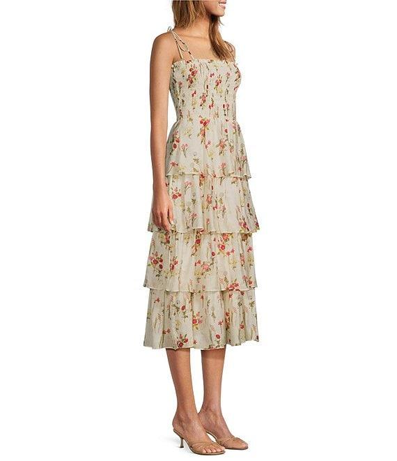 Lucy Paris Olive Floral Square Neck Spaghetti Strap Ruffle Smocked Tiered Midi Dress Product Image