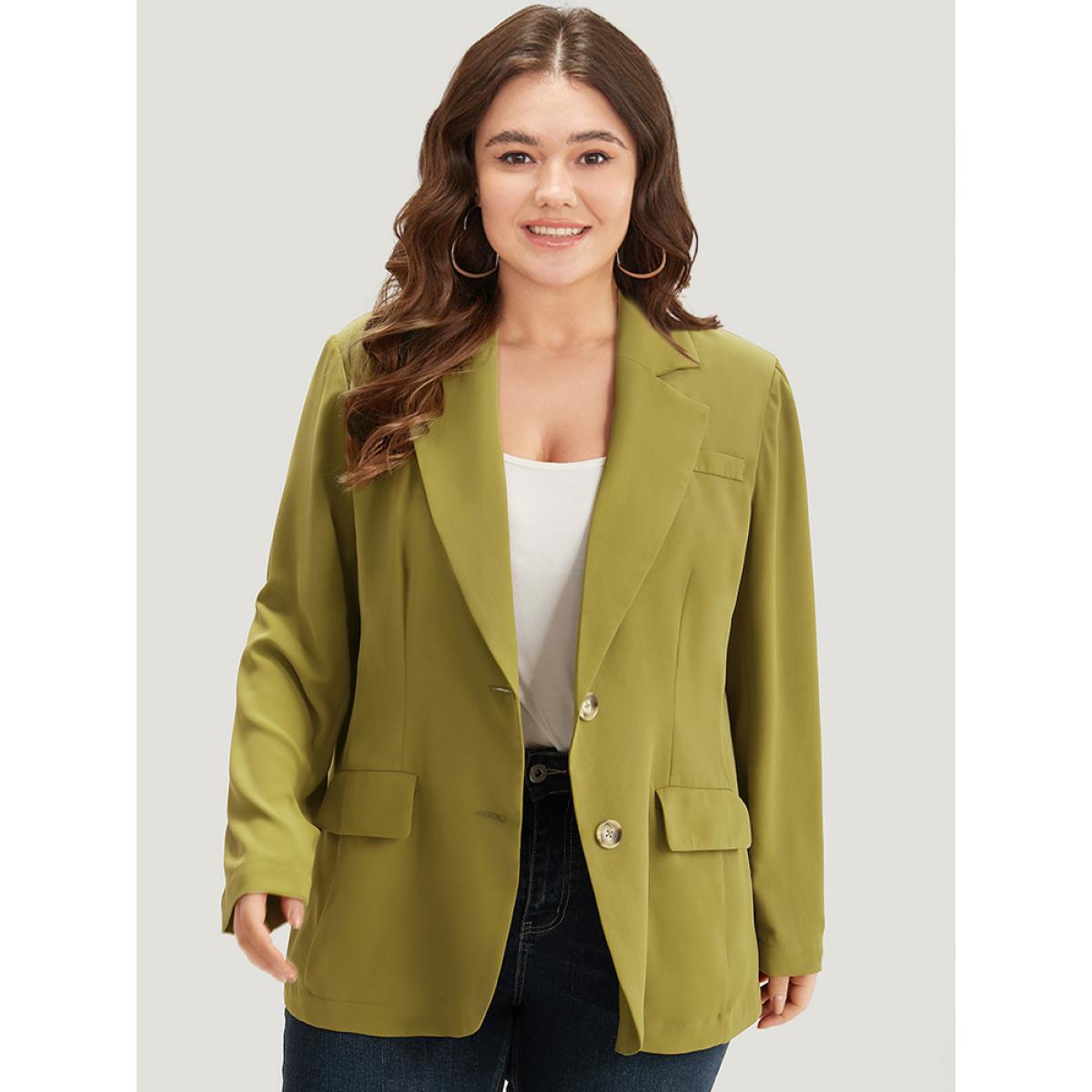 Plus Size Plain Pocket Button Up Suit Collar Blazer Olive Women Dailywear Plain Plain Sleeve Long Sleeve Lapel Collar 28/5X Pocket Casual Blazers BloomChic Product Image