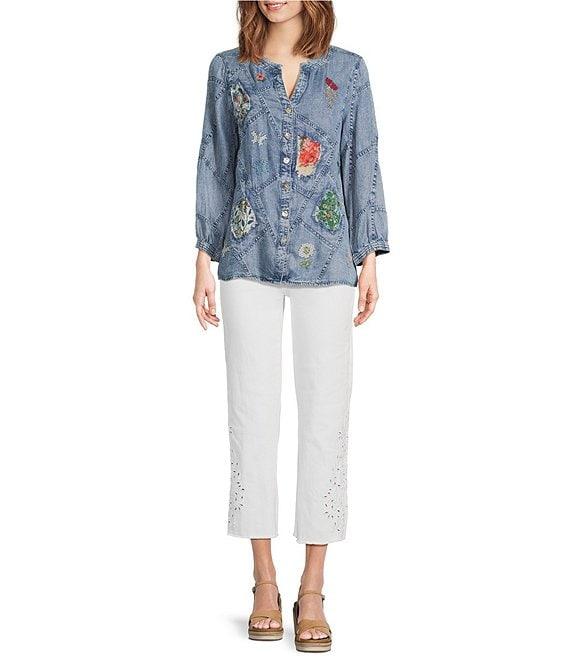 John Mark Floral Butterfly Embroidered Patch Print Y-Neck 3/4 Sleeves High-Low Hem Button Front Tunic Product Image