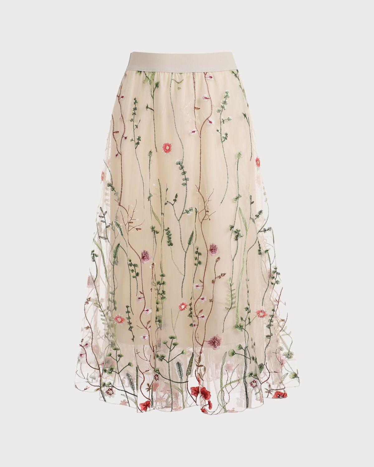 The High Waisted Floral Embroidery A-line Midi Skirt Female Product Image