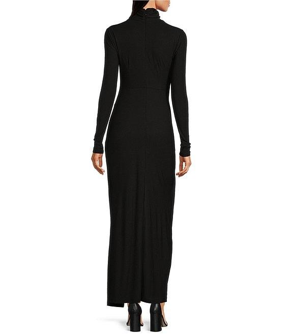 Belle by Badgley Mischka Hailey Jersey Knit Mock Neck Long Sleeve A-Line Front Slit Dress Product Image