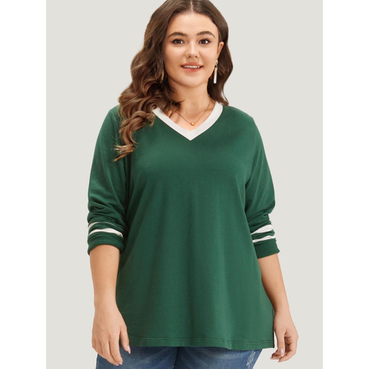 Plus Size Striped Contrast V Neck Sweatshirt Women Green Casual Contrast V-neck Dailywear Sweatshirts BloomChic 10/M Product Image