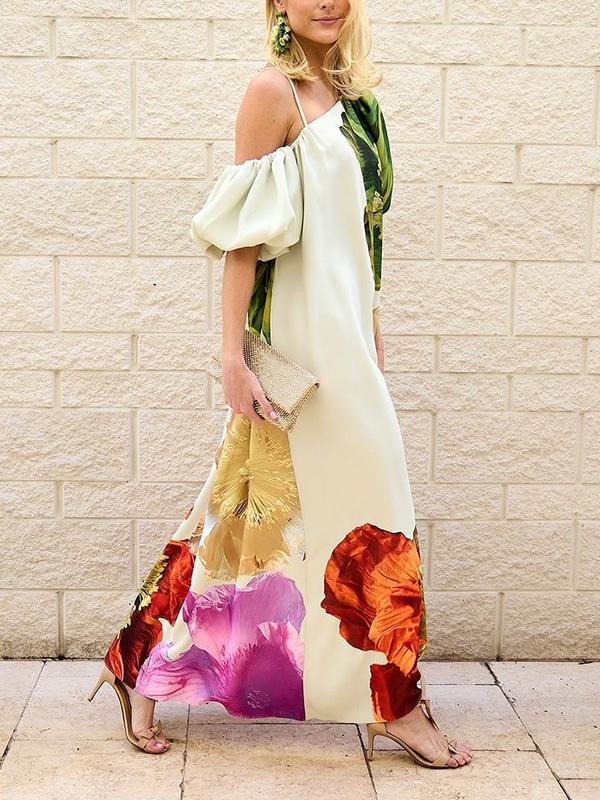 A-Line Loose Elasticity Flower Print One-Shoulder Maxi Dresses Product Image