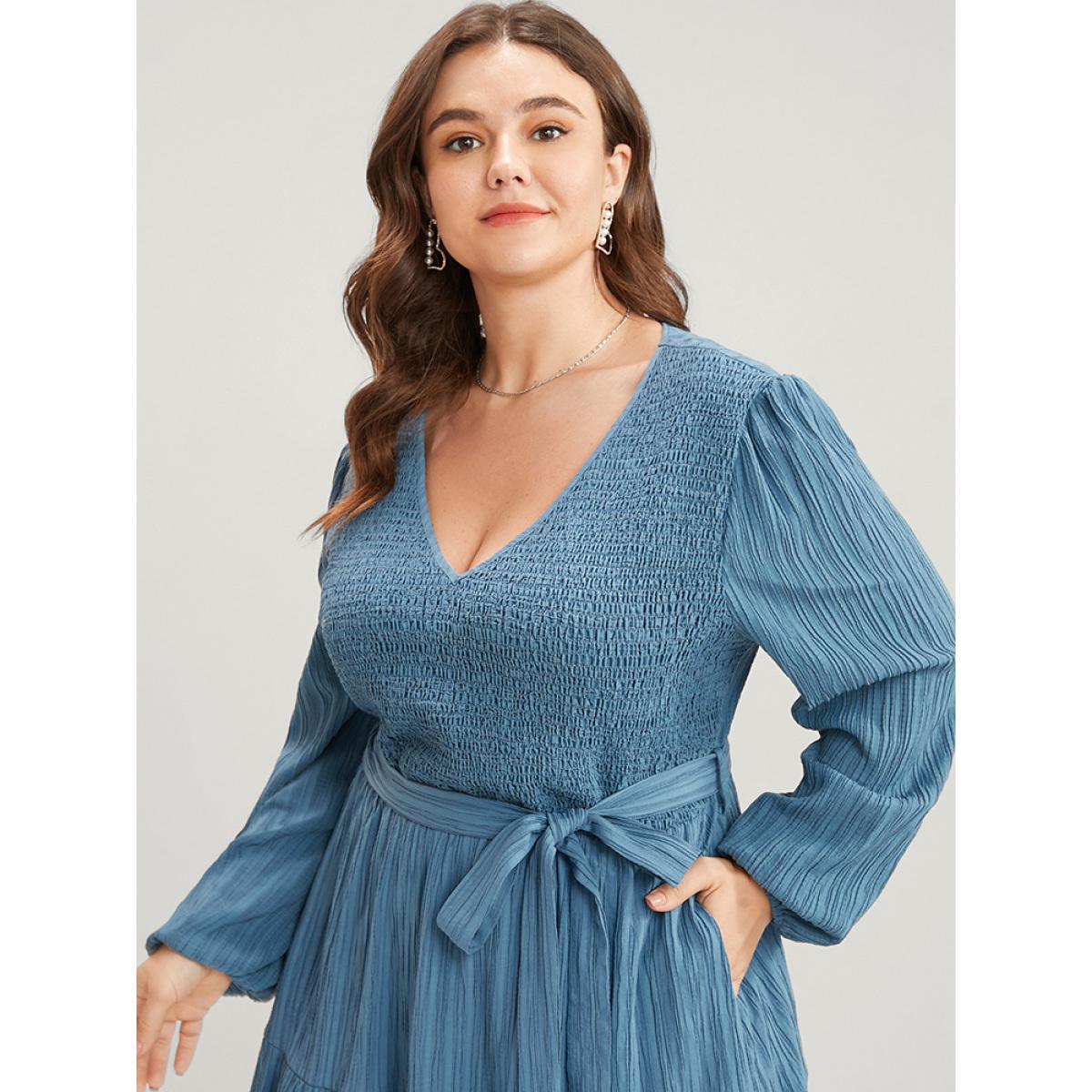 Plus Size Solid Textured V Neck Pocket Shirred Belted Flutter Dress Aegean Women Elegant Tiered V-neck Long Sleeve Curvy Midi Dress BloomChic 10/M Product Image