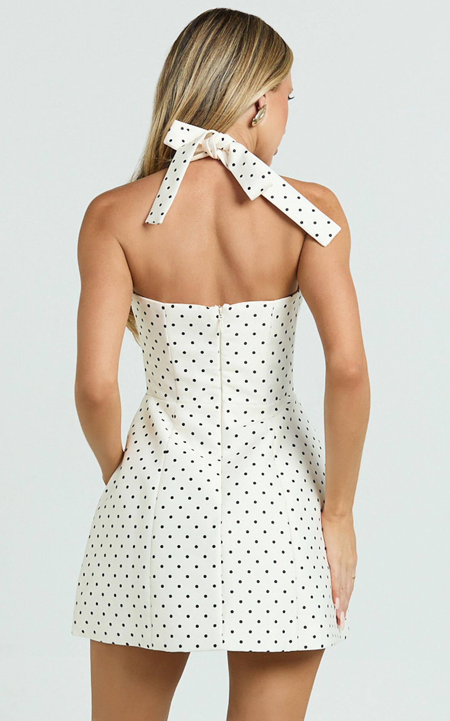 Dante Mini Dress - Halter Neck Tie Tulip Skirt Dress in White Polkadot Product Image