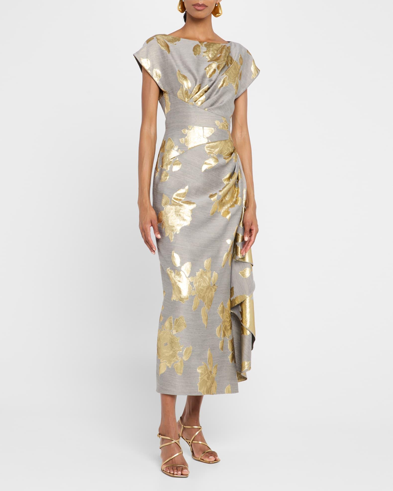 Florence Metallic Floral Jacquard Draped Midi Dress Product Image