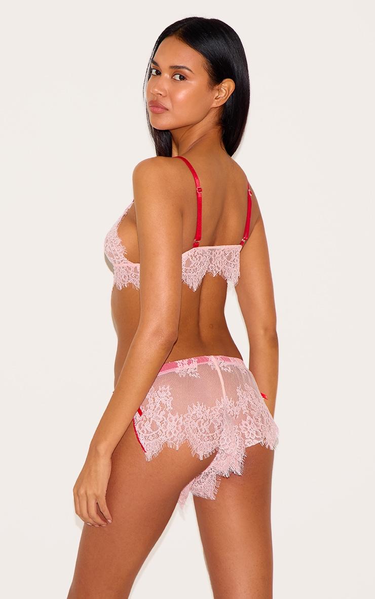 Pink Lace Contrast Trim Bralette Short Pj Set Product Image