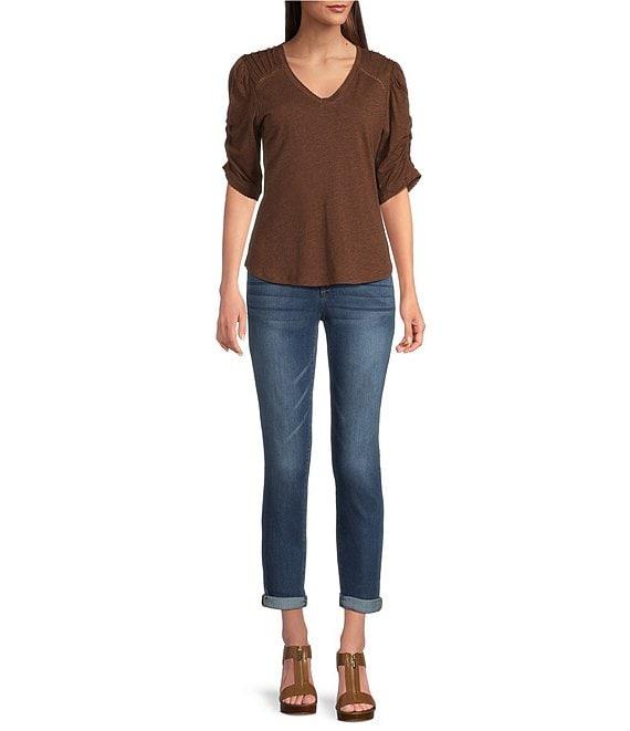 Democracy Knit Scallop V-Neck Elbow Ruched Sleeve Crochet Detail Top Product Image