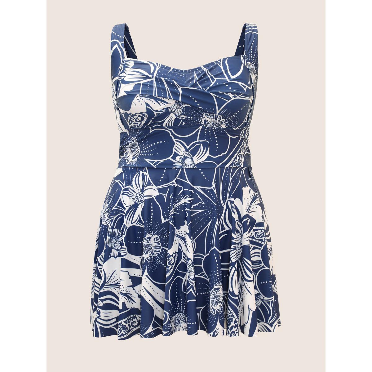 Plus Size Natural Flowers Heart Neckline Twist Swim Dress Women's Swimwear Indigo Beach Bodycon Heart neckline High stretch Curve Swim Dresses BloomChic 18-20/2X Product Image