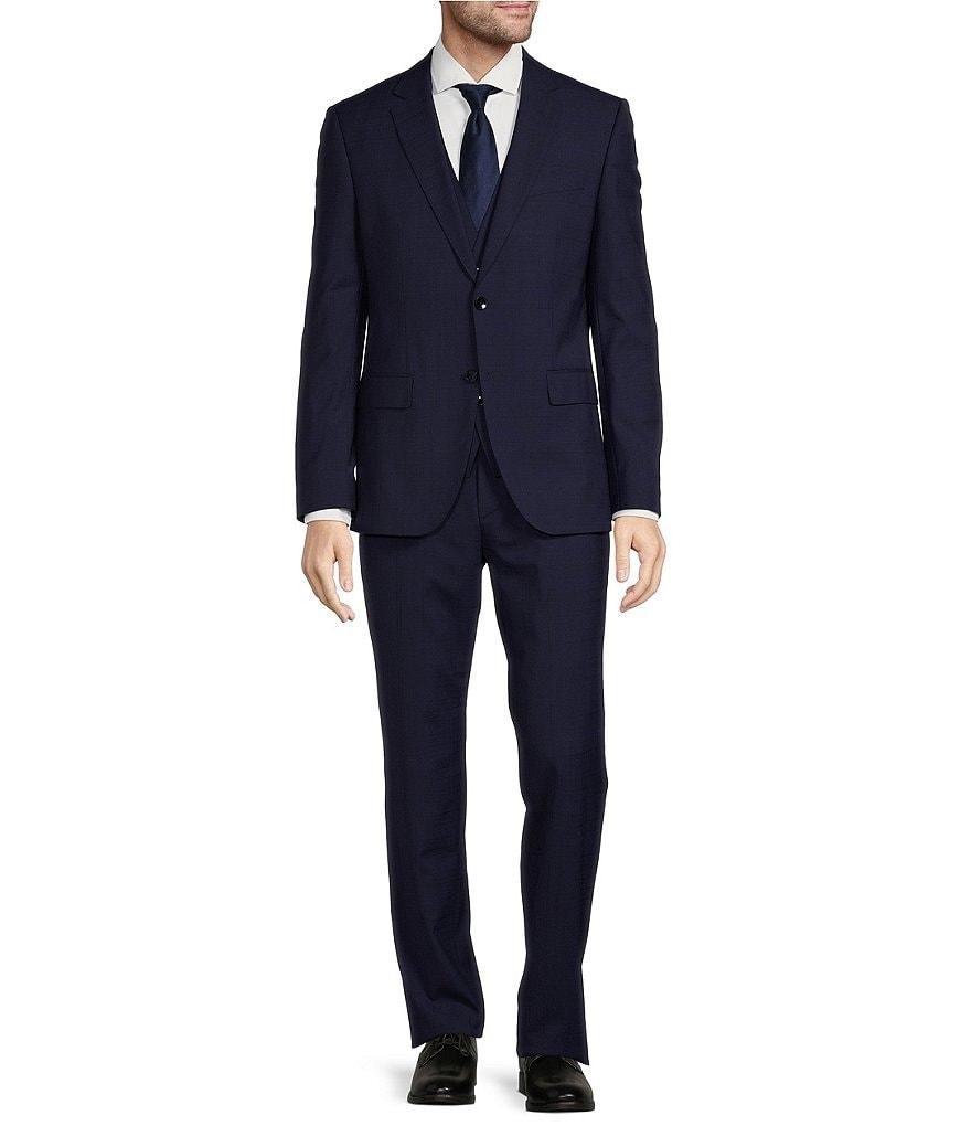 Hugo Boss Slim Fit Flat Front Plain Check Pattern Vested 3-Piece Suit Product Image