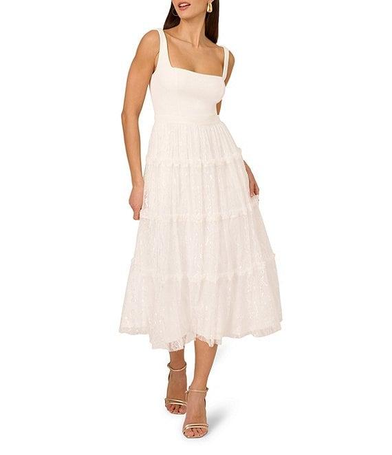 Adrianna Papell Square Neck Sleeveless Mixed Media Tiered Midi Dress Product Image