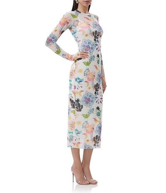 AFRM Ashland Floral Printed Mesh Crew Neck Long Sleeve Sheath Midi Dress Product Image