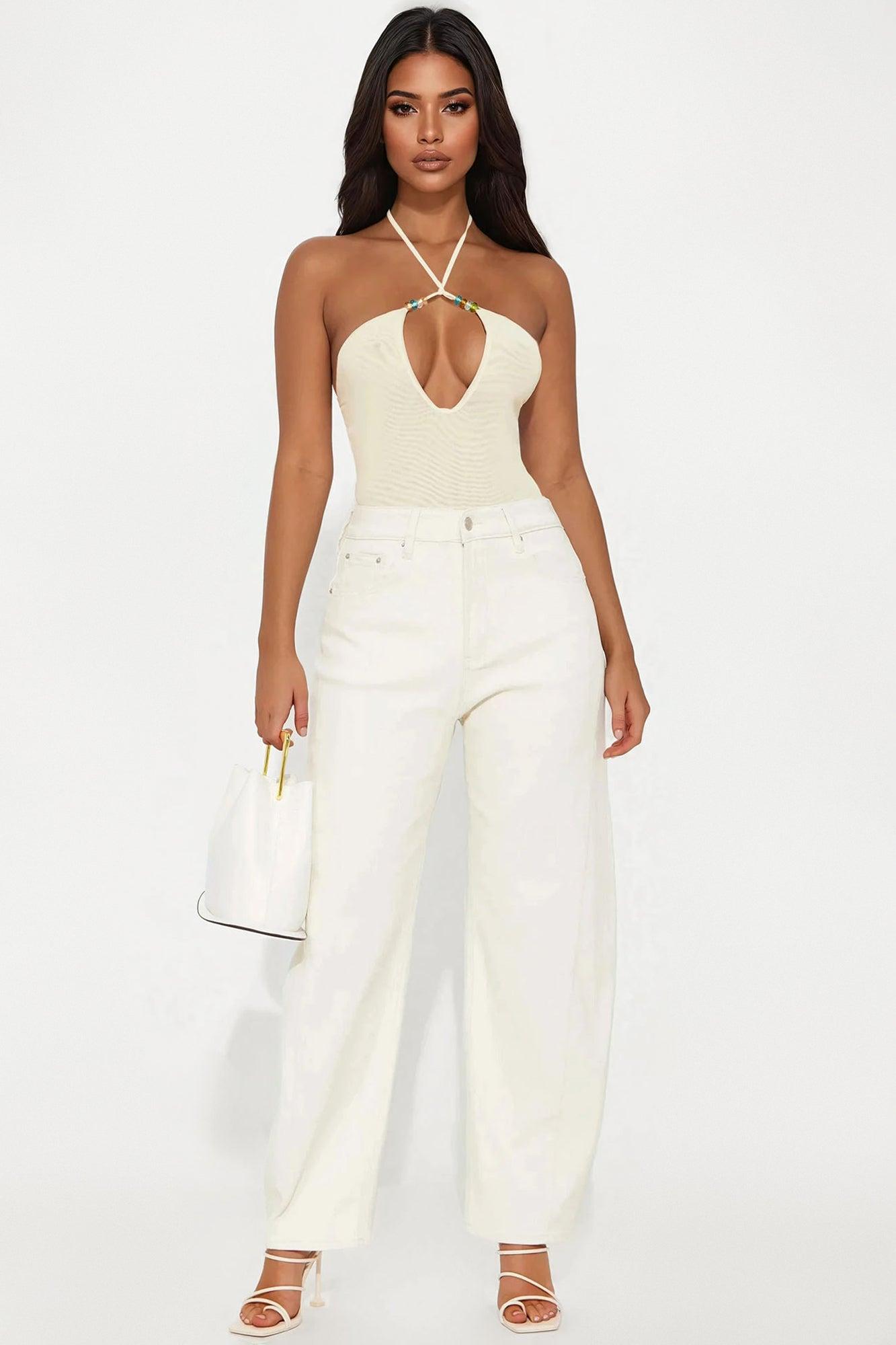 Beach Club Mesh Y-Neck Halter Bodysuit - Yellow Female Product Image