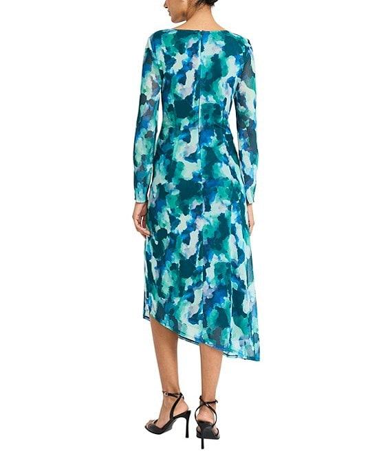 Maggy London Printed Power Mesh Boat Neck Illusion Long Sleeve Side Ruched Asymmetrical Drape Sheath Midi Dress Product Image