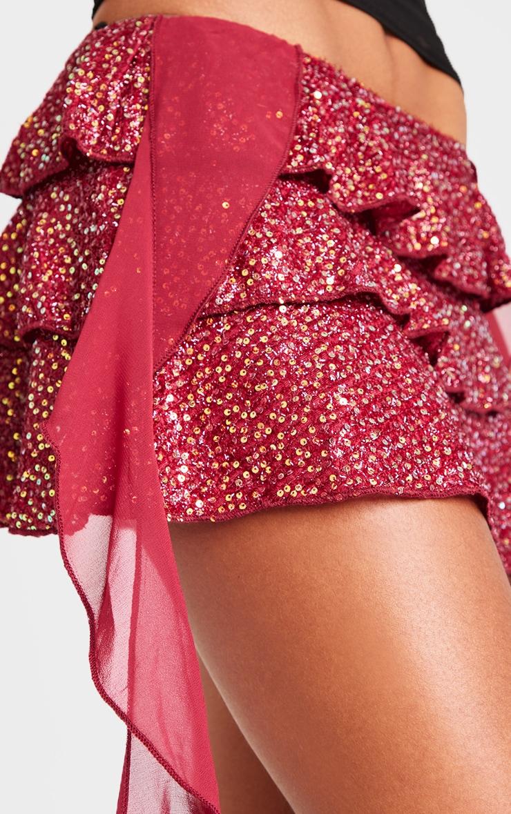 Burgundy Frilly Sequin Draping Detail Mini Skirt Product Image