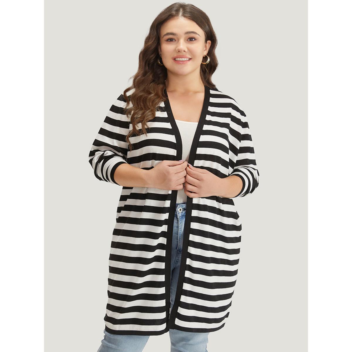 Plus Size Striped Open Front Drop Shoulder Tunic Cardigan Black Women Casual Loose Long Sleeve Dailywear Cardigans BloomChic 26/4X Product Image