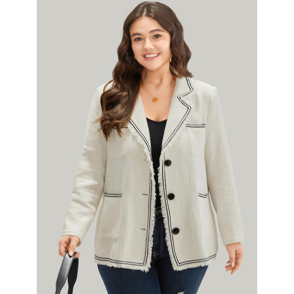 Plus Size Lapel Collar Tweed Contrast Fuzzy Trim Blazer White Women Office Plain Texture Sleeve Long Sleeve Lapel Collar 18-20/2X Pocket Office Blazers BloomChic Product Image