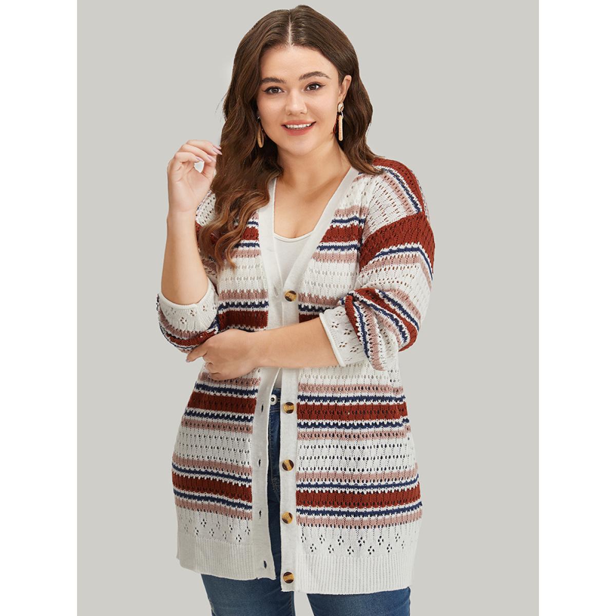 Plus Size Striped Contrast Pointelle Knit Button Through Cardigan Multicolor Women Casual Loose Long Sleeve Dailywear Cardigans BloomChic 14-16/1X Product Image