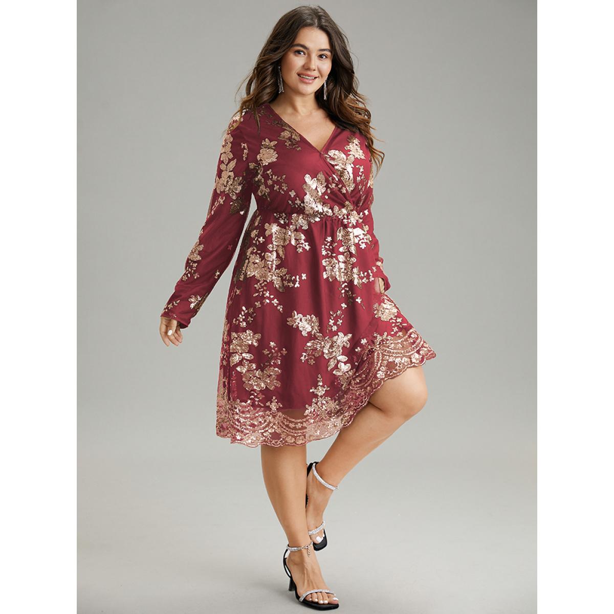Plus Size Floral Sequin Elastic Waist Mesh Wrap Dress Scarlet Women Party Sequin Overlap Collar Long Sleeve Curvy Midi Dress BloomChic 28/5X Product Image
