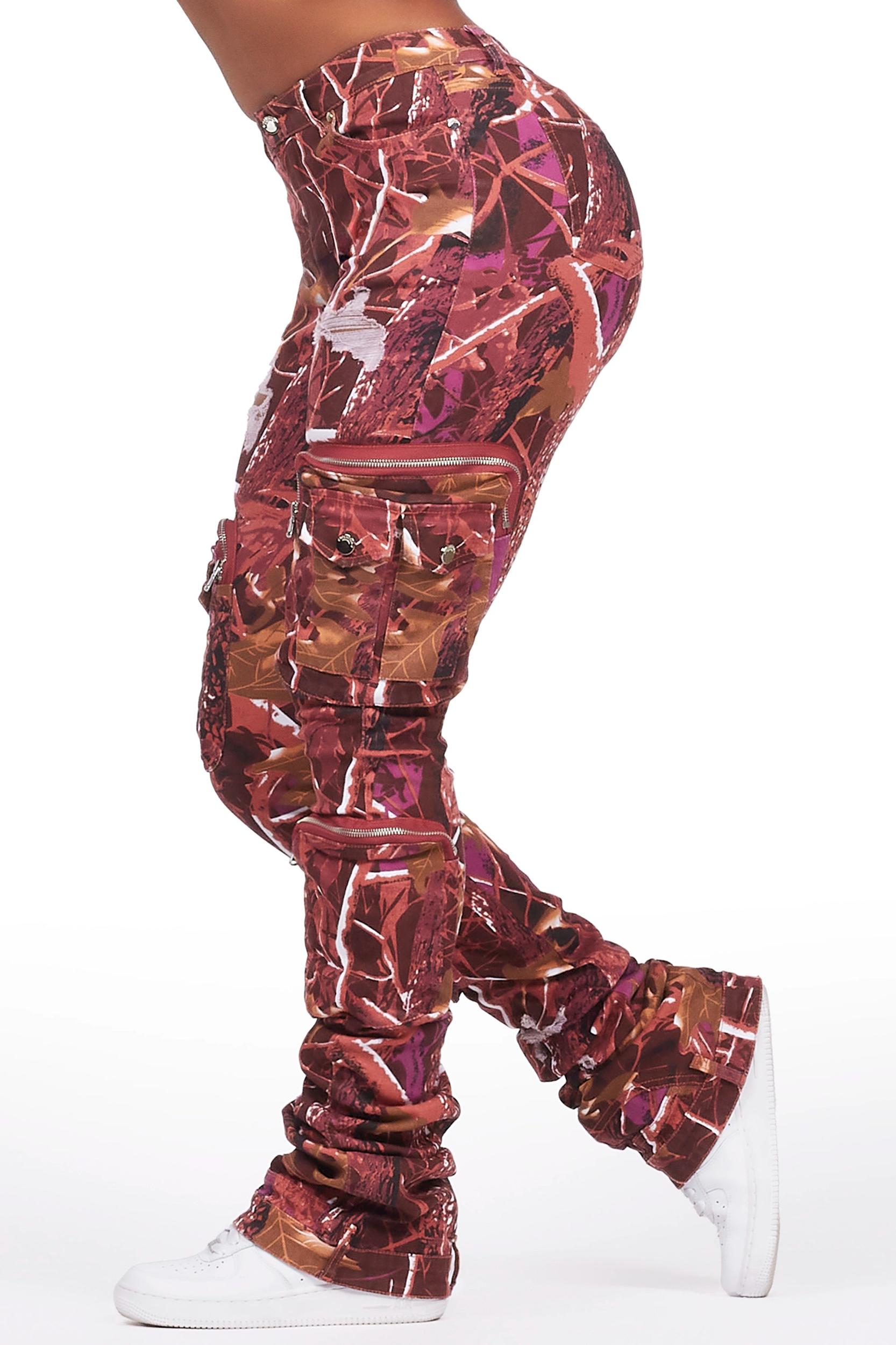 Alisson Burgundy Tree Camo Cargo Super Stacked Jean Female Product Image