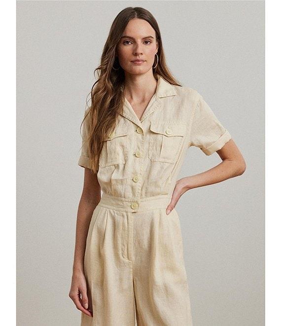 Lauren Ralph Lauren Linen Notch Collar Short Sleeve Embroidered Wide-Leg Jumpsuit Product Image