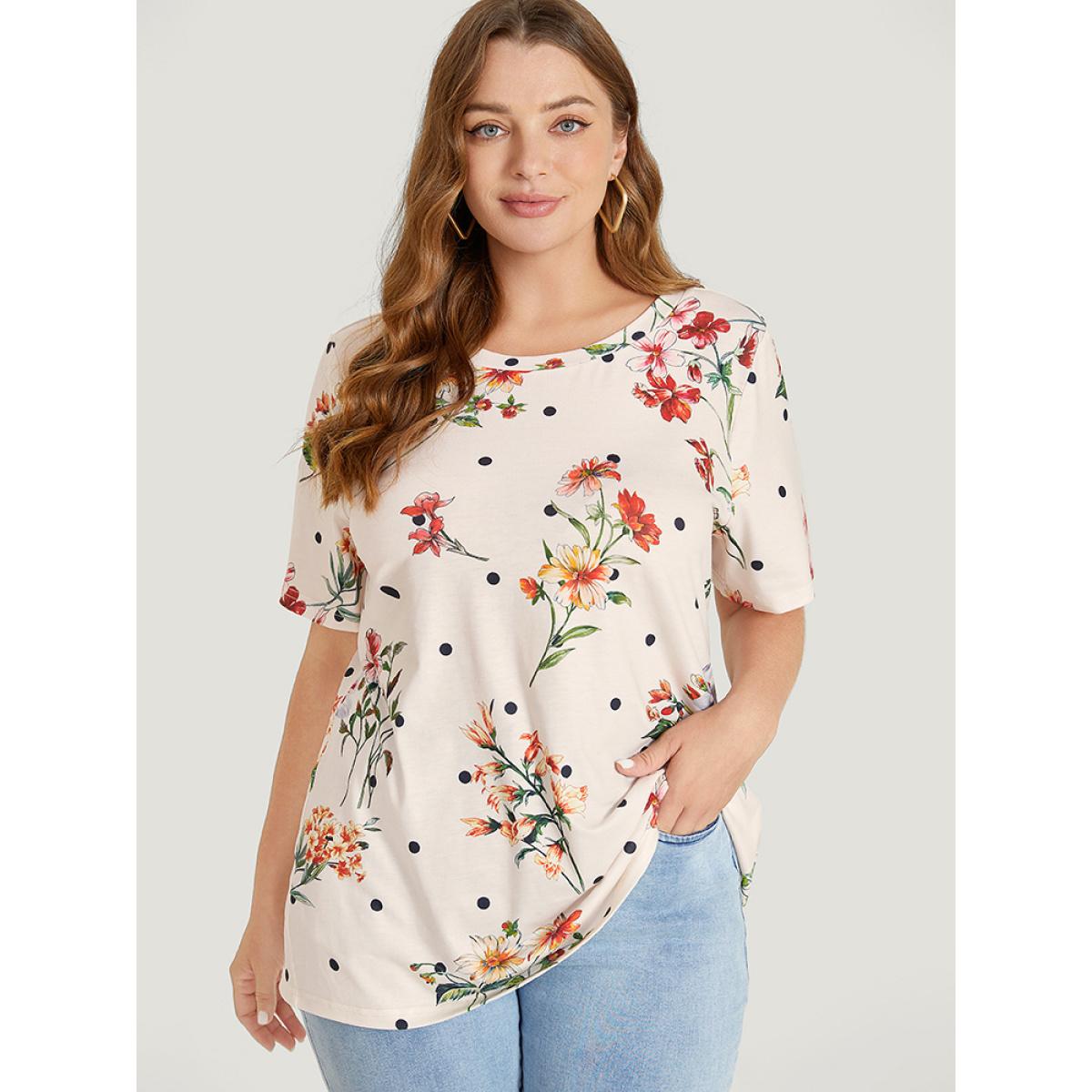 Plus Size Floral & Polka Dot Round Neck T-shirt Beige Women Elegant Floral Round Neck Dailywear T-shirts BloomChic 12/L Product Image