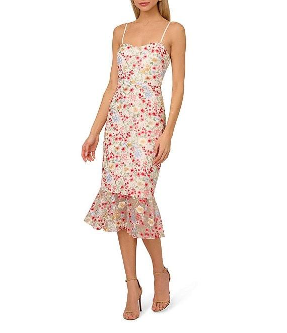 Adrianna by Adrianna Papell Embroidered Mesh Floral Print Square Neck Sleeveless Fit and Flare Midi Dress Product Image