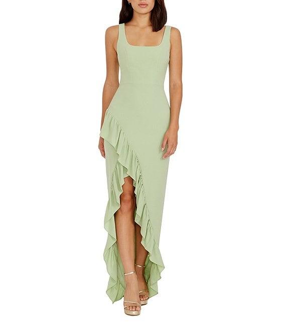 Dress the Population Charlene Square Neck Sleeveless Cascading Ruffle Side Slit Gown Product Image